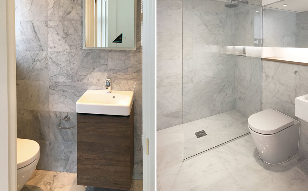 (Left) Bianco Carrara marble bathroom tiles, (Right) Ibiza Bianco marble bathroom tiles